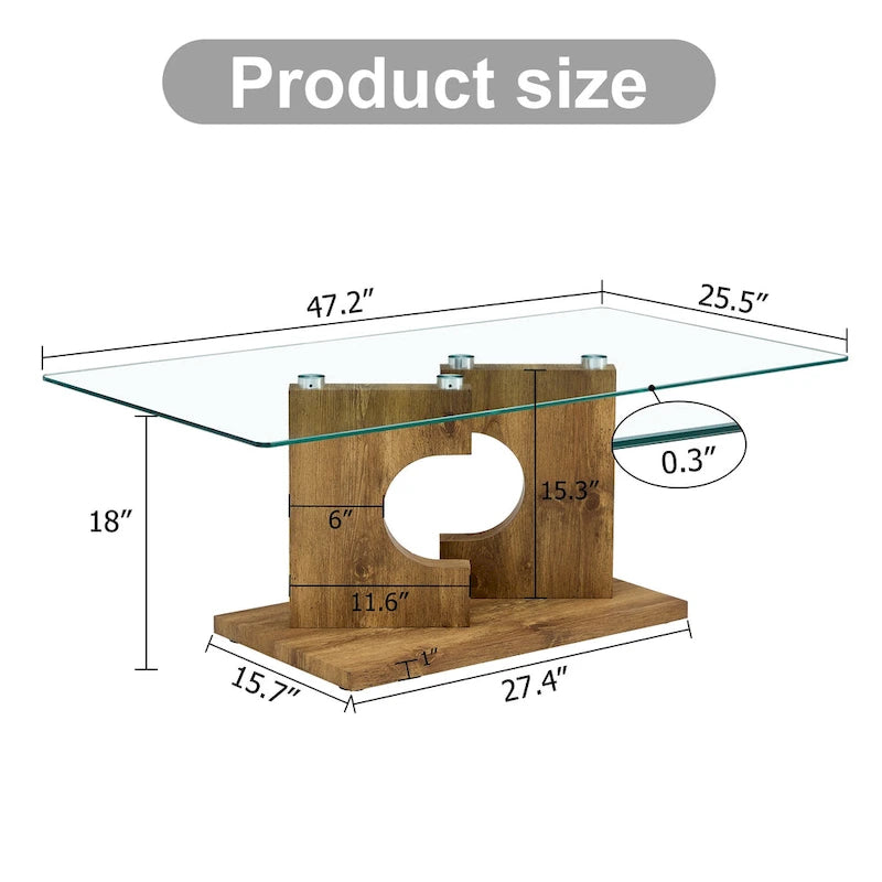 47.2 Table basse rectangulaire moderne avec plateau en verre trempé et pieds en MDF