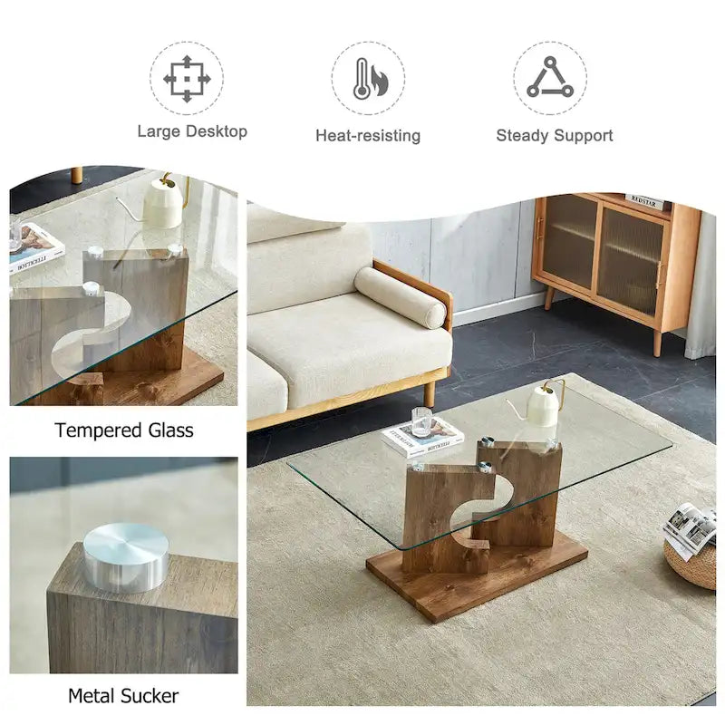 47.2 Table basse rectangulaire moderne avec plateau en verre trempé et pieds en MDF