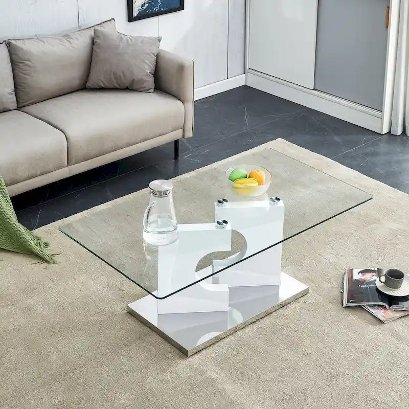 47.2 Table basse rectangulaire moderne avec plateau en verre trempé et pieds en MDF