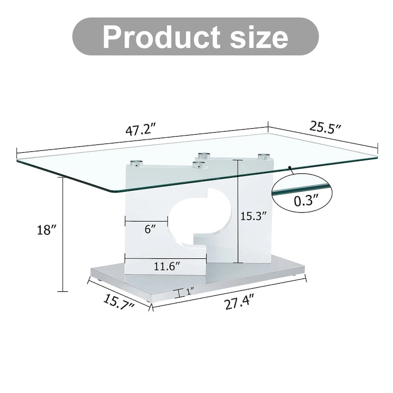 47.2 Table basse rectangulaire moderne avec plateau en verre trempé et pieds en MDF