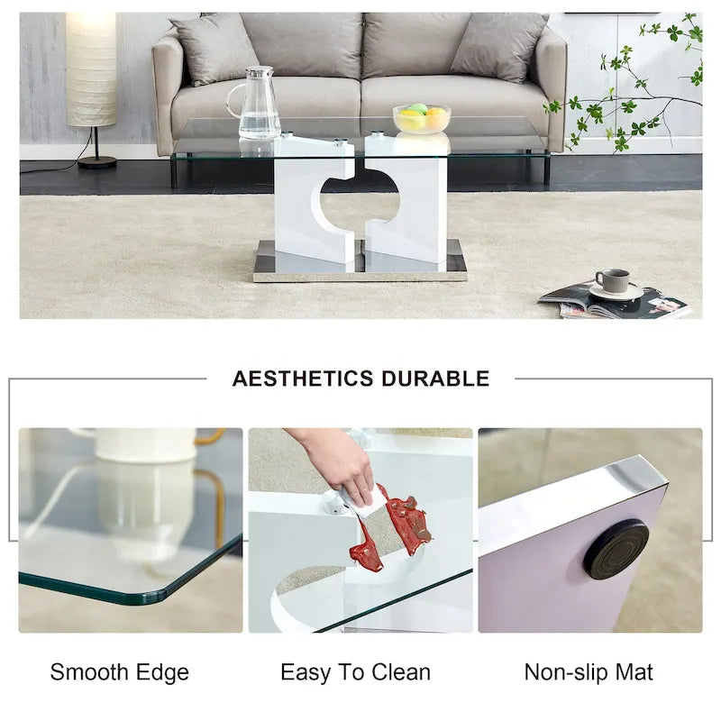 47.2 Table basse rectangulaire moderne avec plateau en verre trempé et pieds en MDF