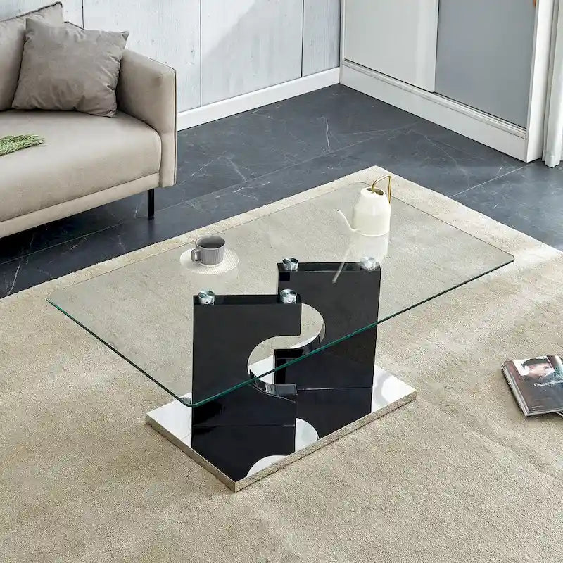 47.2 Table basse rectangulaire moderne avec plateau en verre trempé et pieds en MDF