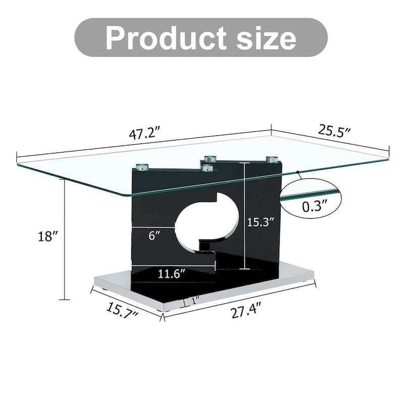 47.2 Table basse rectangulaire moderne avec plateau en verre trempé et pieds en MDF