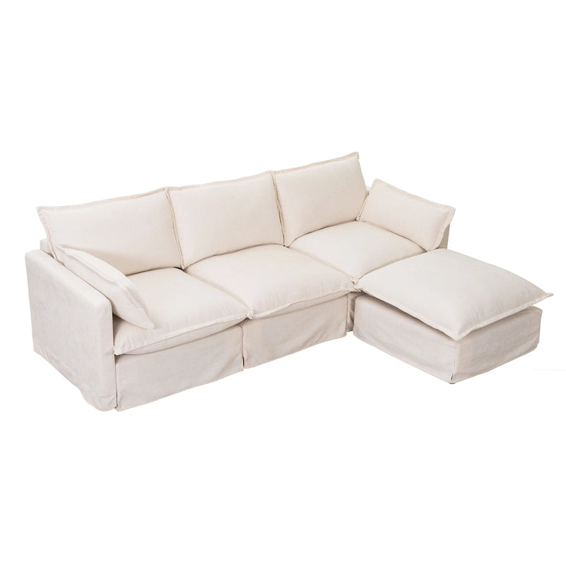 93.31 Canapé modulaire en faux lin avec ottoman, cadre en bois