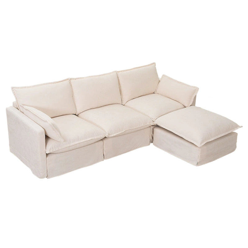 93.31 Canapé modulaire en faux lin avec ottoman, cadre en bois