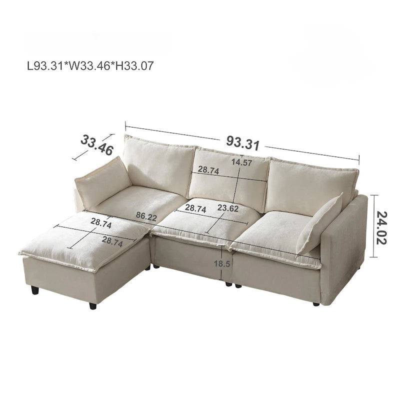 93.31 Canapé modulaire en faux lin avec ottoman, cadre en bois
