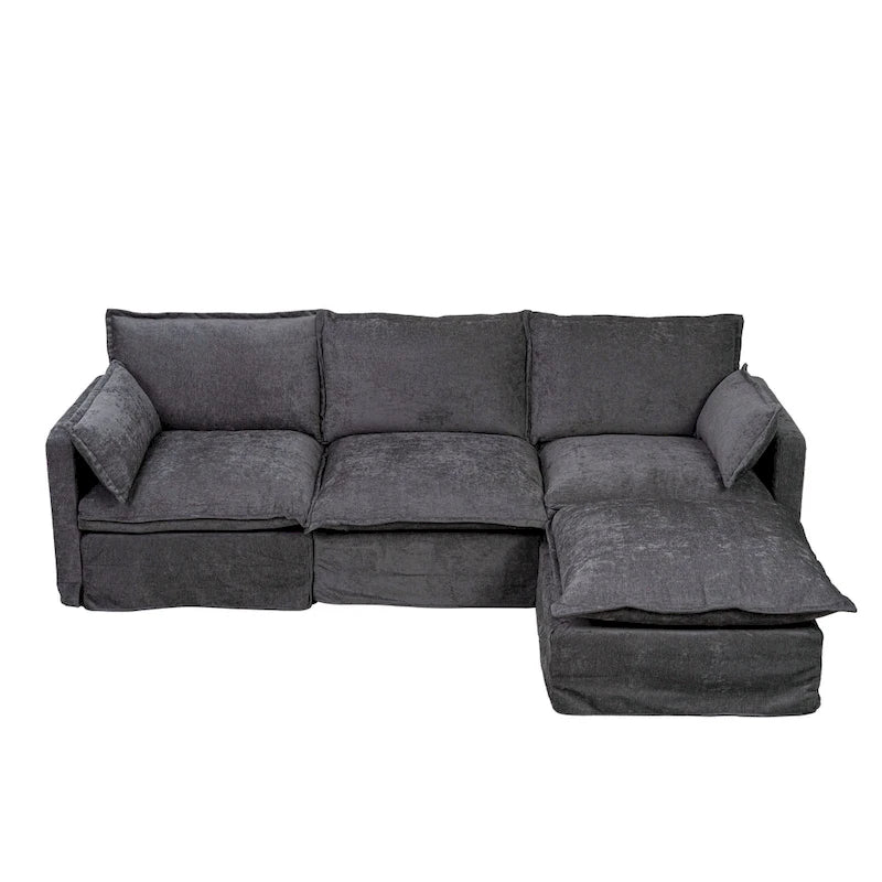 93.31 Canapé modulaire en faux lin avec ottoman, cadre en bois