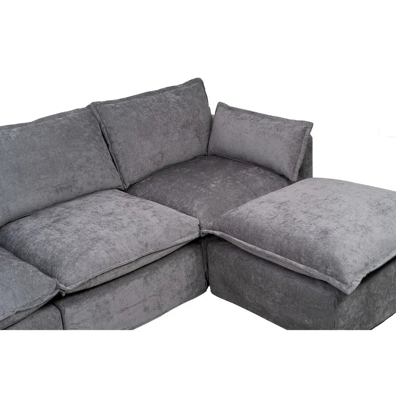 93.31 Canapé modulaire en faux lin avec ottoman, cadre en bois