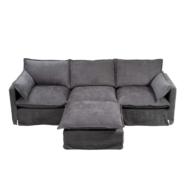 93.31 Canapé modulaire en faux lin avec ottoman, cadre en bois
