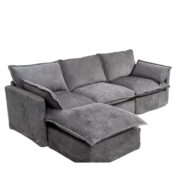 93.31 Canapé modulaire en faux lin avec ottoman, cadre en bois