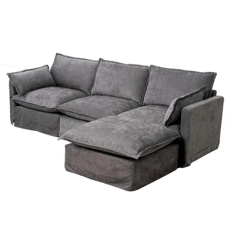 93.31 Canapé modulaire en faux lin avec ottoman, cadre en bois