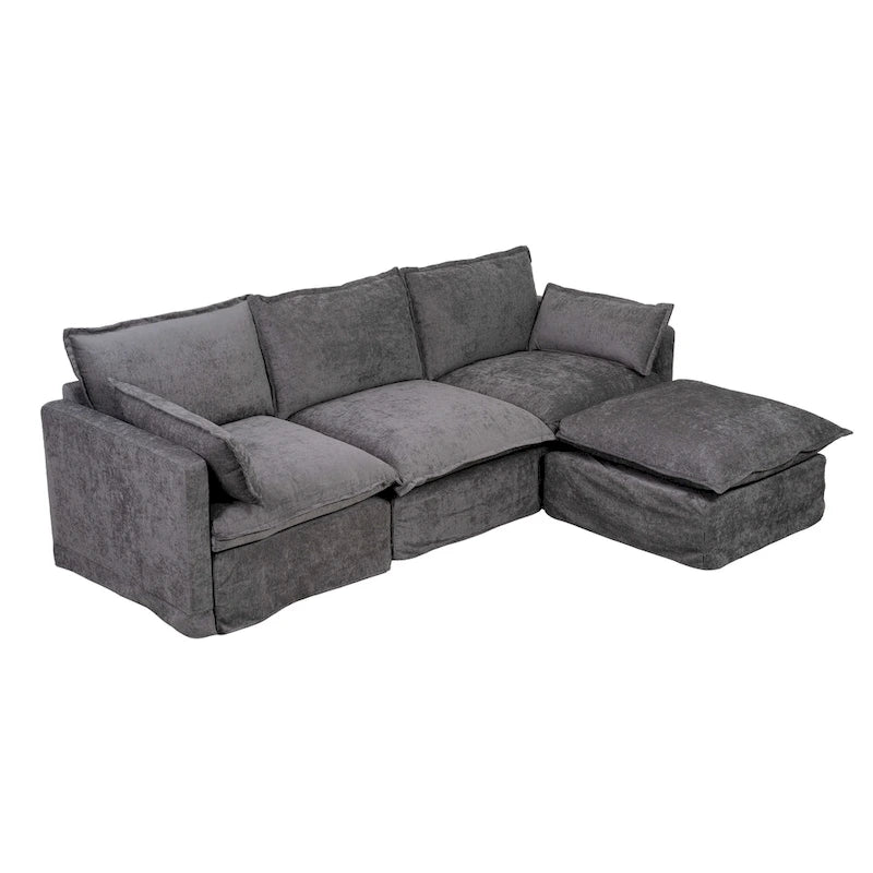 93.31 Canapé modulaire en faux lin avec ottoman, cadre en bois