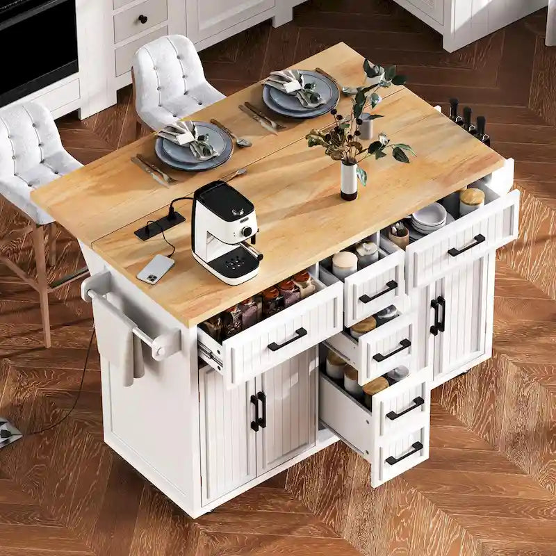 56,5 Îlot de cuisine avec rabat et station de charge, Chariot de cuisine roulant sur roulettes avec tiroirs et étagères réglables