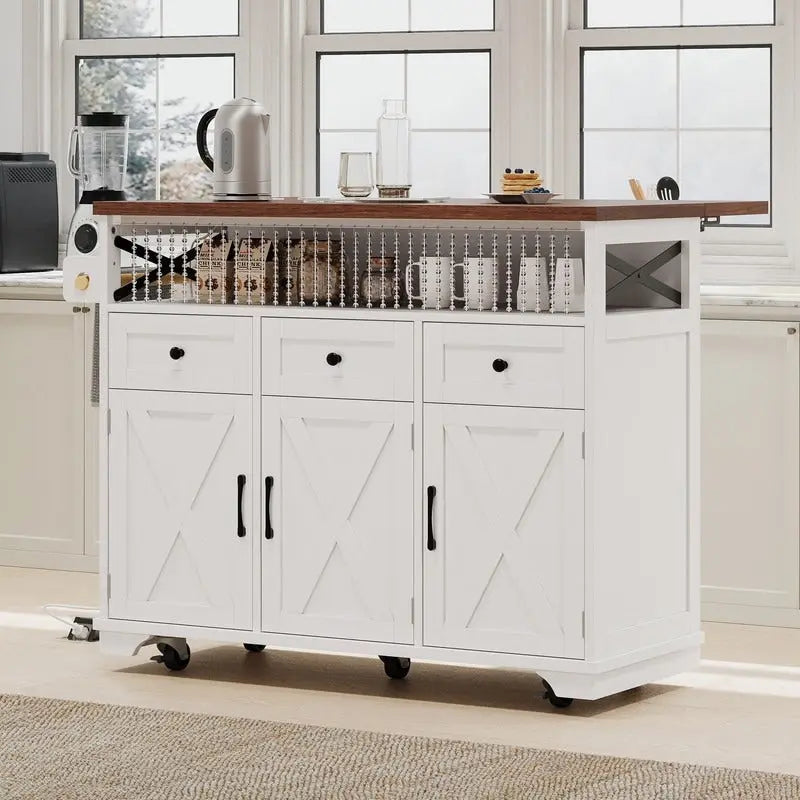 Îlot de cuisine 46,5 de ferme avec prise de courant, Chariot de cuisine roulant sur roues avec abattant
