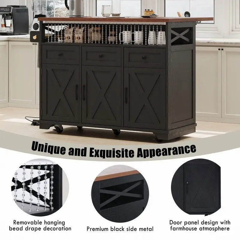 Îlot de cuisine 46,5 de ferme avec prise de courant, Chariot de cuisine roulant sur roues avec abattant