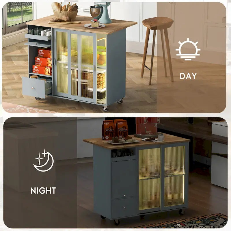Desserte de cuisine îlot avec éclairage LED, bar de petit-déjeuner à abattants sur roulettes, meuble bar avec 2 tiroirs, 2 portes vitrées et 1 placard basculant