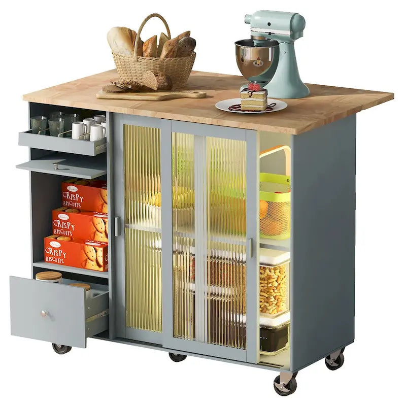 Desserte de cuisine îlot avec éclairage LED, bar de petit-déjeuner à abattants sur roulettes, meuble bar avec 2 tiroirs, 2 portes vitrées et 1 placard basculant
