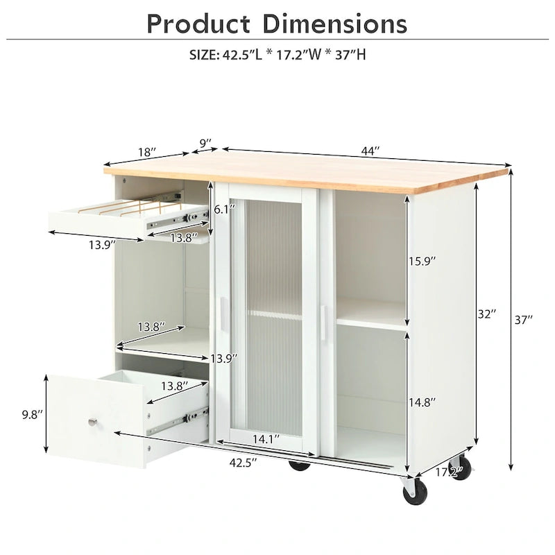 Desserte de cuisine îlot avec éclairage LED, bar de petit-déjeuner à abattants sur roulettes, meuble bar avec 2 tiroirs, 2 portes vitrées et 1 placard basculant