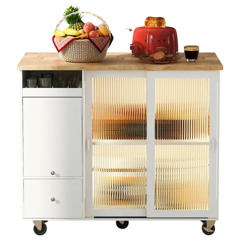 Desserte de cuisine îlot avec éclairage LED, bar de petit-déjeuner à abattants sur roulettes, meuble bar avec 2 tiroirs, 2 portes vitrées et 1 placard basculant