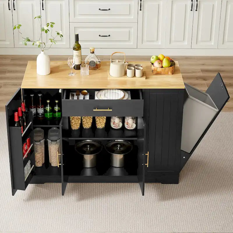 Îlot de cuisine avec poubelle basculante, table îlot mobile avec tiroir, étagères réglables et étagères latérales ouvertes à 3 niveaux.