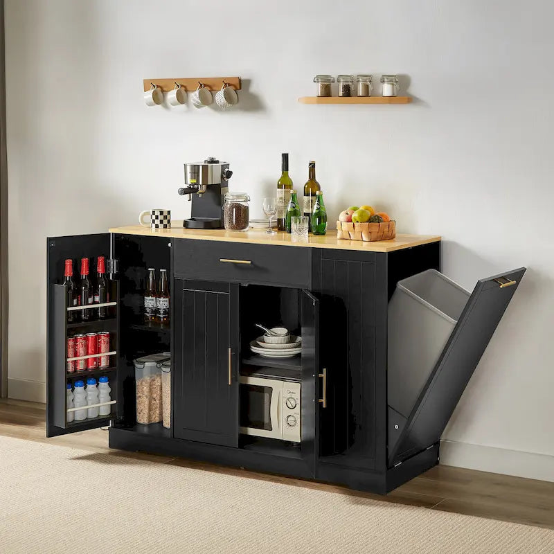 Îlot de cuisine avec poubelle basculante, table îlot mobile avec tiroir, étagères réglables et étagères latérales ouvertes à 3 niveaux.