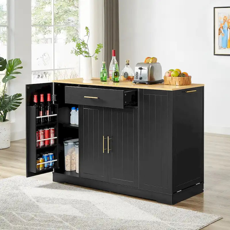Îlot de cuisine avec poubelle basculante, table îlot mobile avec tiroir, étagères réglables et étagères latérales ouvertes à 3 niveaux.