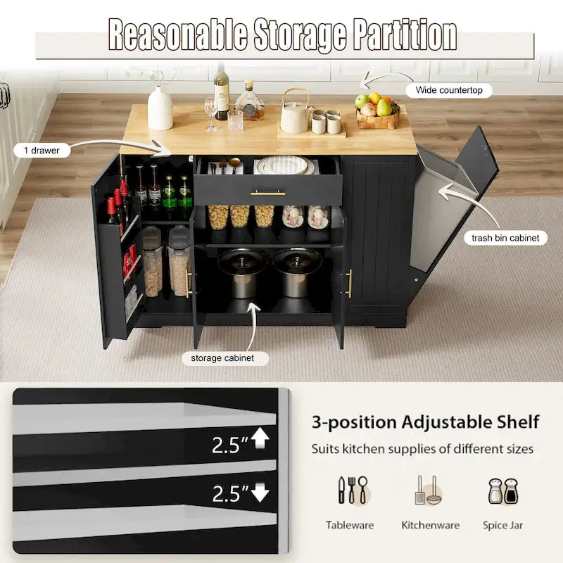 Îlot de cuisine avec poubelle basculante, table îlot mobile avec tiroir, étagères réglables et étagères latérales ouvertes à 3 niveaux.