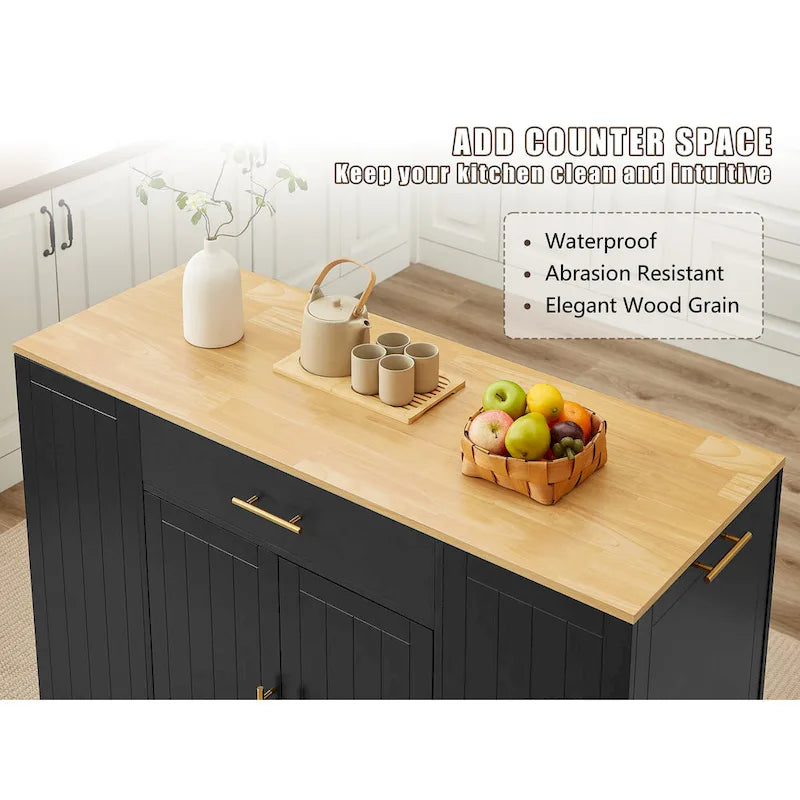 Îlot de cuisine avec poubelle basculante, table îlot mobile avec tiroir, étagères réglables et étagères latérales ouvertes à 3 niveaux.
