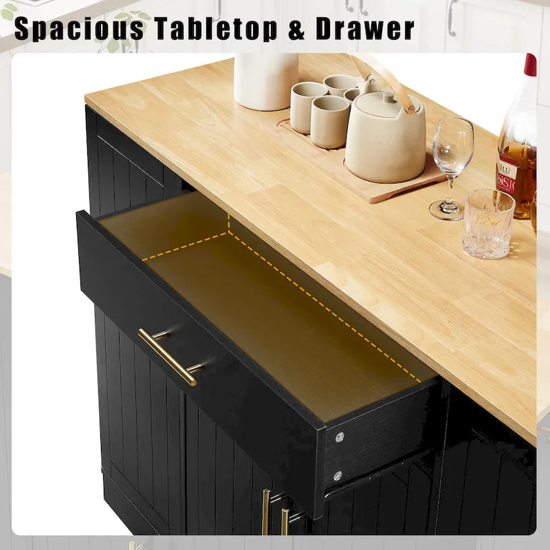 Îlot de cuisine avec poubelle basculante, table îlot mobile avec tiroir, étagères réglables et étagères latérales ouvertes à 3 niveaux.