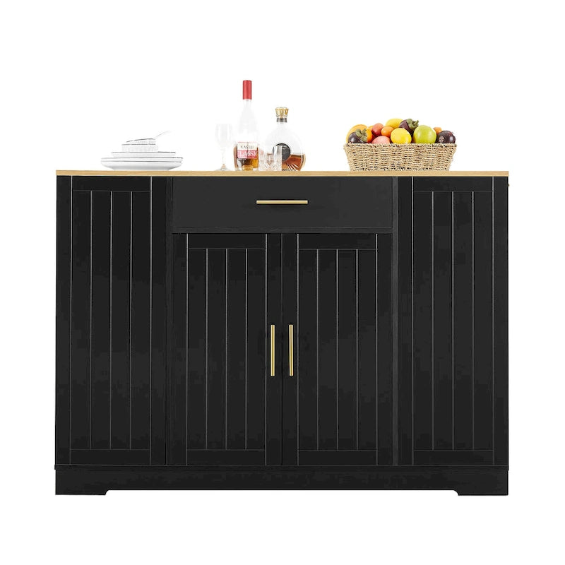 Îlot de cuisine avec poubelle basculante, table îlot mobile avec tiroir, étagères réglables et étagères latérales ouvertes à 3 niveaux.