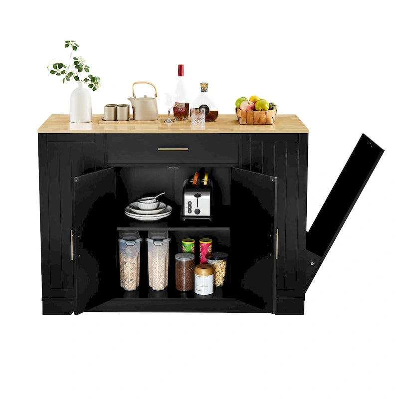 Îlot de cuisine avec poubelle basculante, table îlot mobile avec tiroir, étagères réglables et étagères latérales ouvertes à 3 niveaux.