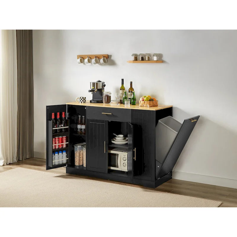 Îlot de cuisine avec poubelle basculante, table îlot mobile avec tiroir, étagères réglables et étagères latérales ouvertes à 3 niveaux.