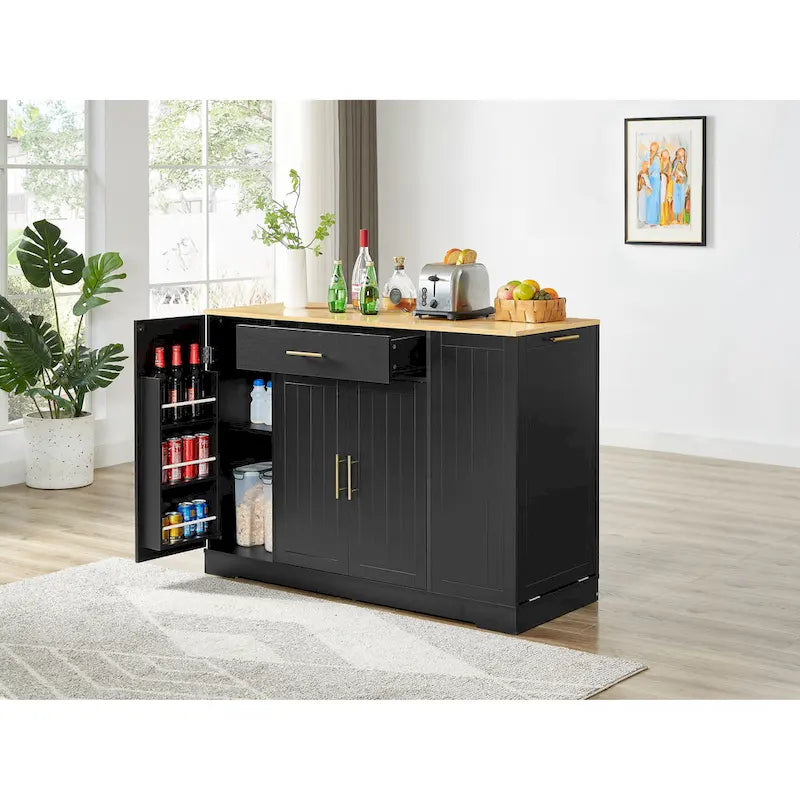 Îlot de cuisine avec poubelle basculante, table îlot mobile avec tiroir, étagères réglables et étagères latérales ouvertes à 3 niveaux.