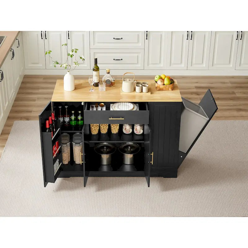 Îlot de cuisine avec poubelle basculante, table îlot mobile avec tiroir, étagères réglables et étagères latérales ouvertes à 3 niveaux.