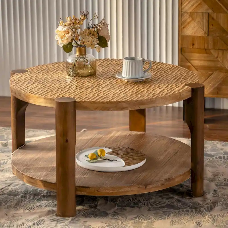 2-Tier Round Coffee Table with Storage Shelf