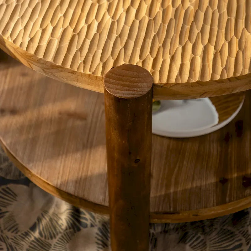 Table basse ronde à 2 niveaux avec étagère de rangement