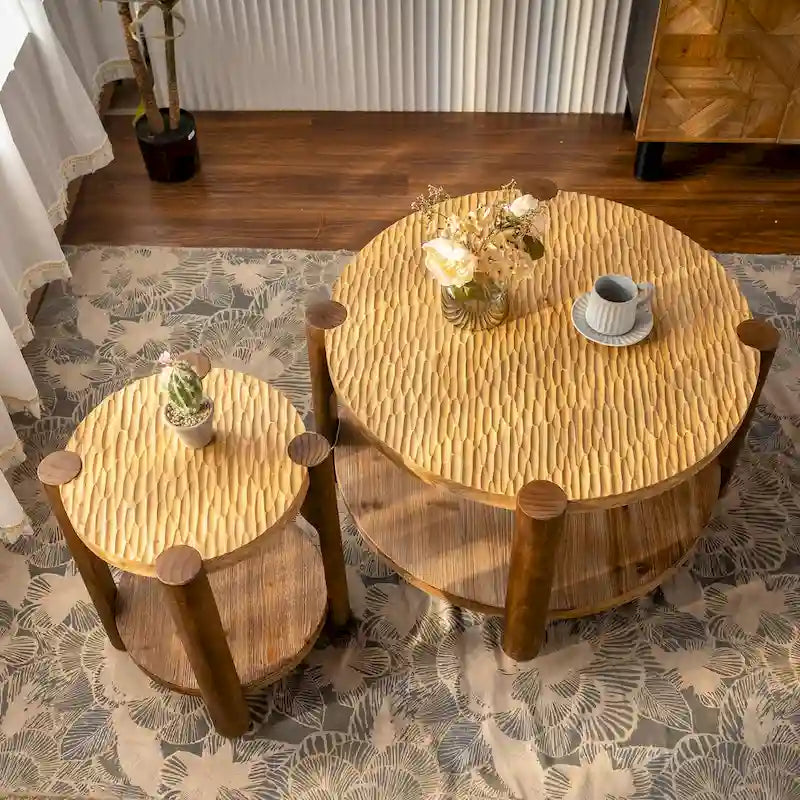 Table basse ronde à 2 niveaux avec étagère de rangement