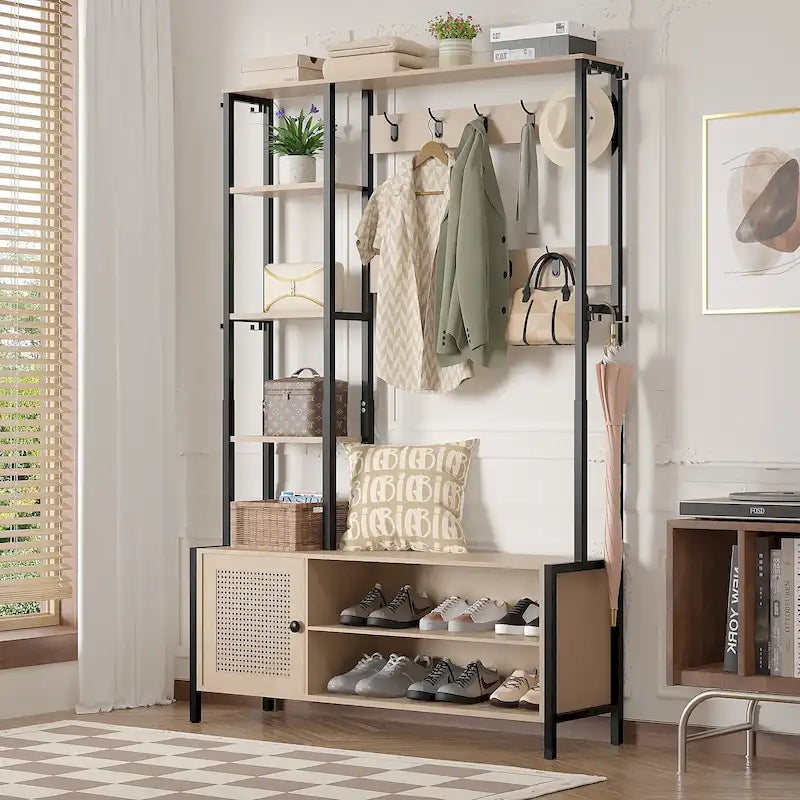Javlergo Meuble d'entrée avec portemanteau, banc de rangement à chaussures, meuble d'entrée 5-en-1 avec 9 crochets