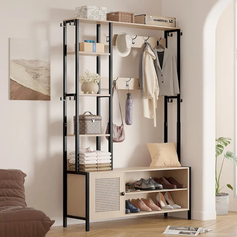 Javlergo Meuble d'entrée avec portemanteau, banc de rangement à chaussures, meuble d'entrée 5-en-1 avec 9 crochets