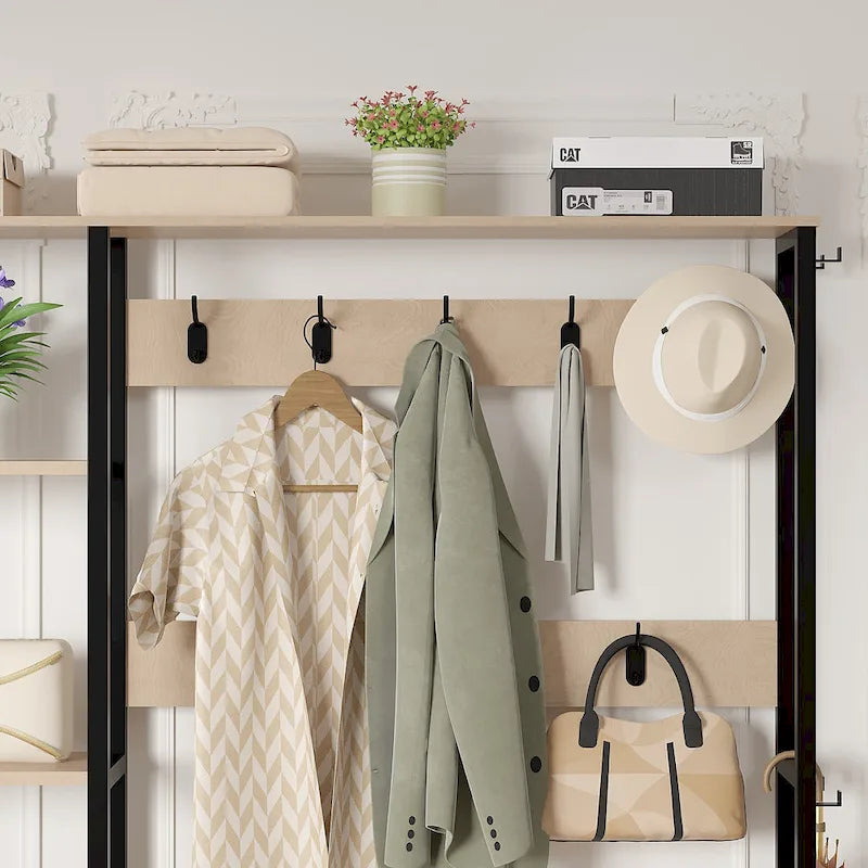Javlergo Meuble d'entrée avec portemanteau, banc de rangement à chaussures, meuble d'entrée 5-en-1 avec 9 crochets