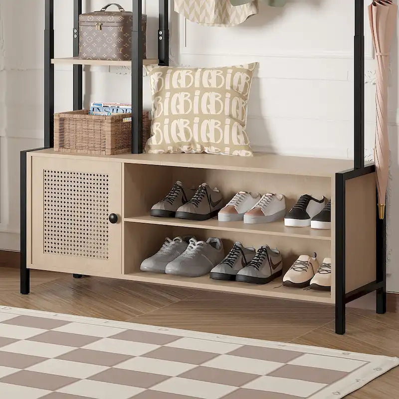 Javlergo Meuble d'entrée avec portemanteau, banc de rangement à chaussures, meuble d'entrée 5-en-1 avec 9 crochets