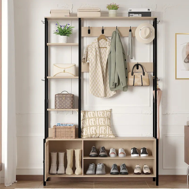 Javlergo Meuble d'entrée avec portemanteau, banc de rangement à chaussures, meuble d'entrée 5-en-1 avec 9 crochets