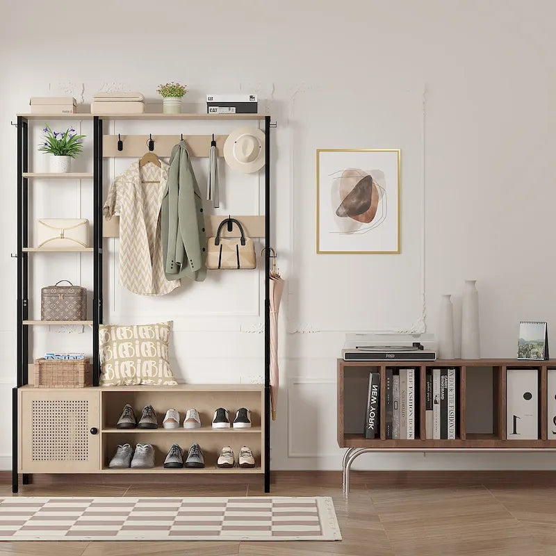 Javlergo Meuble d'entrée avec portemanteau, banc de rangement à chaussures, meuble d'entrée 5-en-1 avec 9 crochets