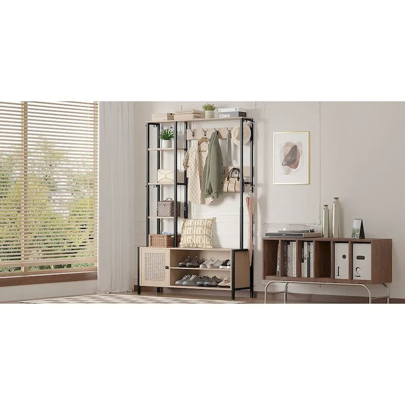 Javlergo Meuble d'entrée avec portemanteau, banc de rangement à chaussures, meuble d'entrée 5-en-1 avec 9 crochets