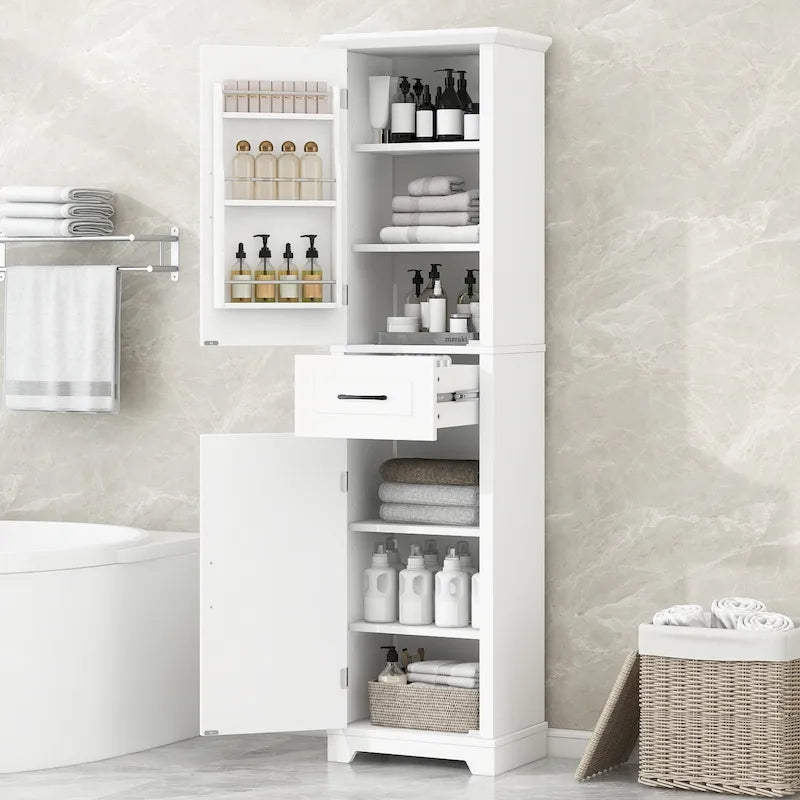 Meuble de rangement haut de salle de bain sur pied avec 2 portes et 1 tiroir