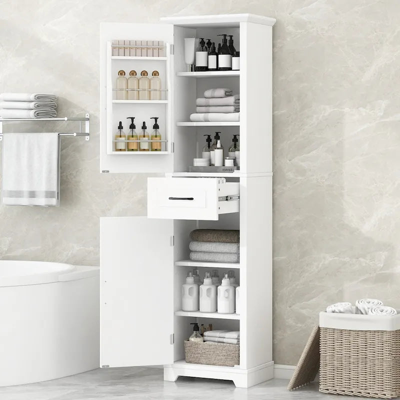 Meuble de rangement haut de salle de bain sur pied avec 2 portes et 1 tiroir