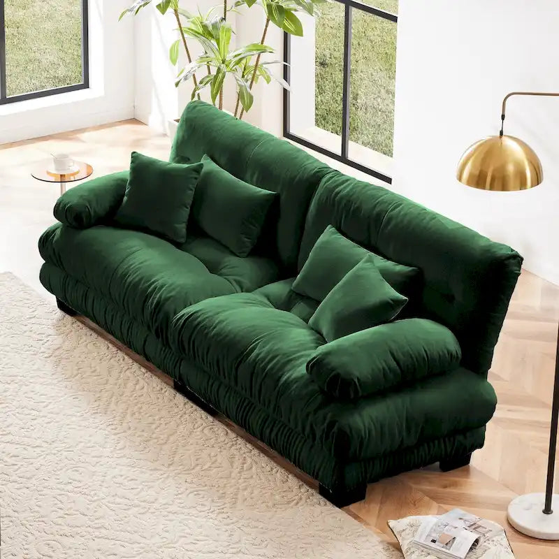 Canapé Cloud 2 places pour salon, canapé 2 places en chenille avec 2 coussins lombaires et 2 coussins décoratifs, vert chenille