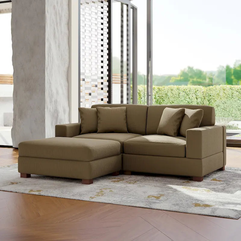 Ensemble canapé sectionnel modulaire en velours côtelé avec méridienne et pouf