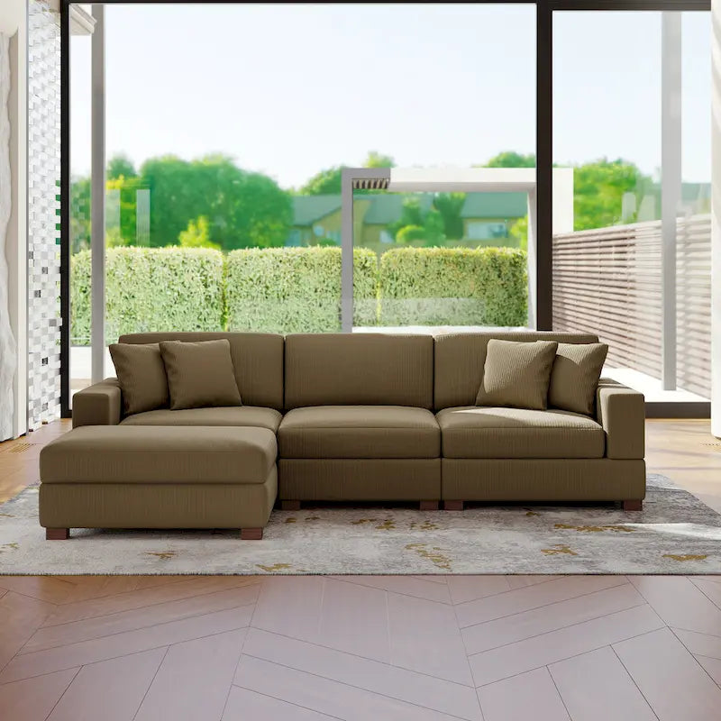 Ensemble canapé sectionnel modulaire en velours côtelé avec méridienne et pouf