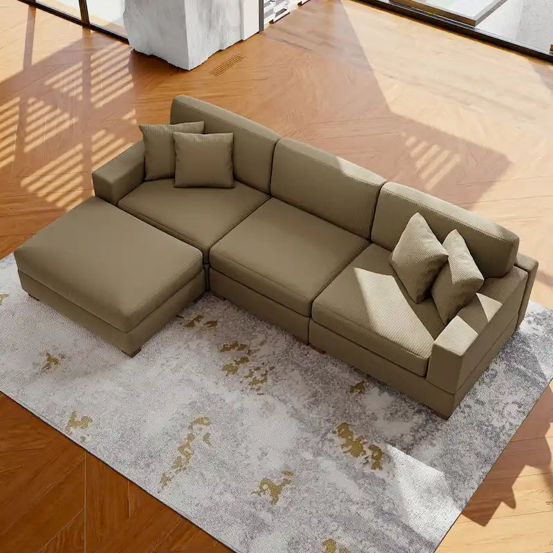 Ensemble canapé sectionnel modulaire en velours côtelé avec méridienne et pouf